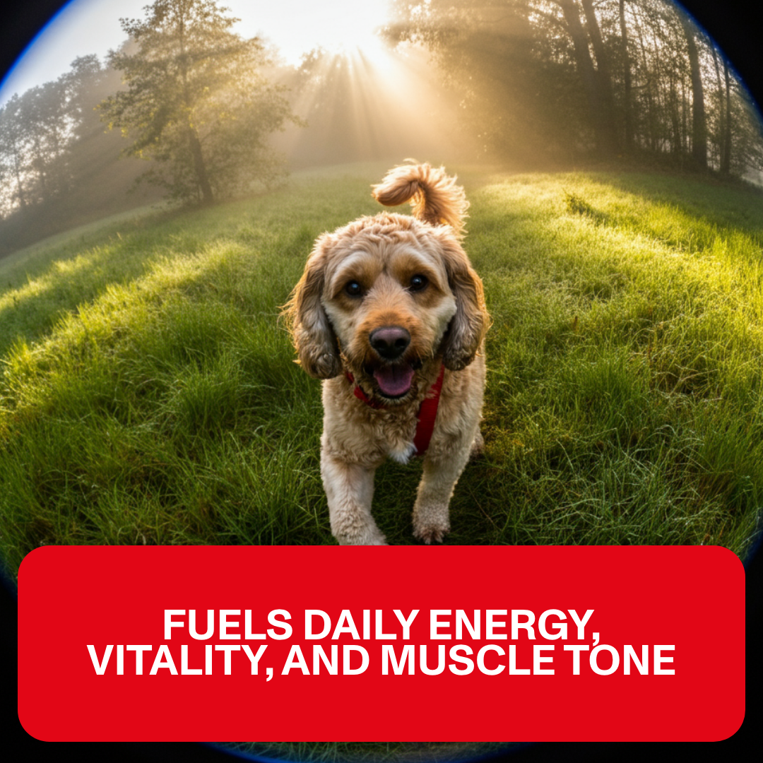 Dog standing on a grassy field with a red text box at the bottom