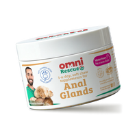 Container of Omni Rescue Anal Glands supplements for pets on a white background