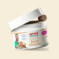 Open container of Omni Rescue Anal Glands supplements with a supplement visible on a beige background