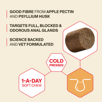 Product packaging with text about fibre content, target areas, and formulation details on a beige background.