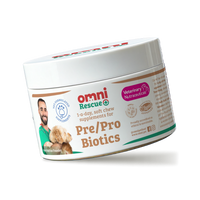 Container of Omni Rescue Pre/Pro Biotics for pets on a white background