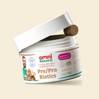 Open container of Omni Rescue Pre/Pro Biotics with a chewable on a beige background