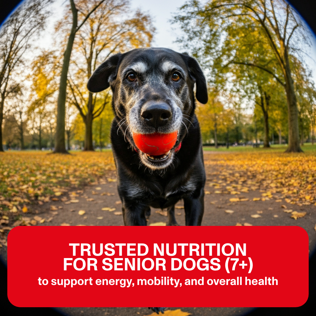 Dog with a red ball in an autumn park, promoting trusted nutrition for senior dogs.