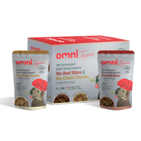 omni Toppers pet food packages on a white background