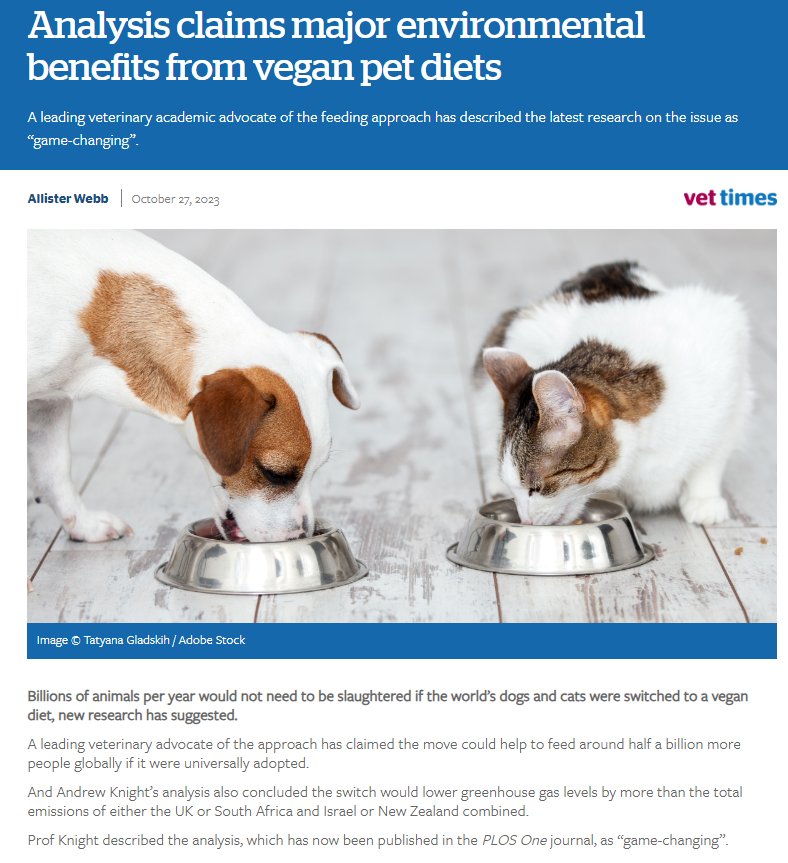 Vet Times reports on Study Describing Massive Environmental and Animal Welfare Benefits of Vegan Pet Food