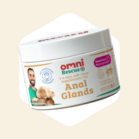Container of Omni Rescue Anal Glands supplements for pets on a beige background
