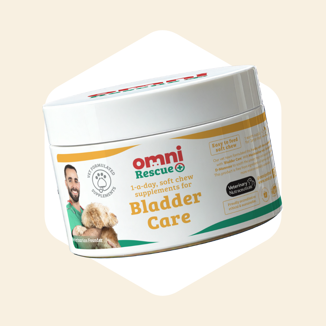 Jar of Omni Rescue Bladder Care supplements on a beige background