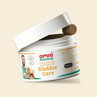 Container of Omni Rescue Bladder Care supplements with a white lid on a beige background
