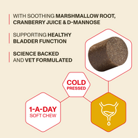 Product packaging with text about soothing ingredients, bladder support, and scientific backing on a beige background.