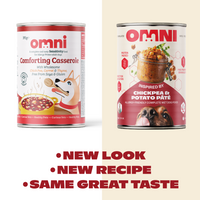 Two cans of Omni dog food with text highlighting a new look, recipe, and great taste.