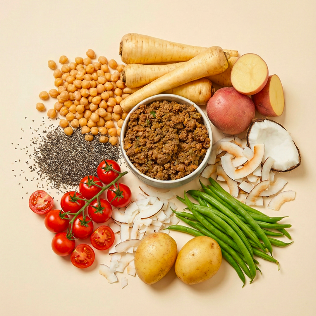 Assorted ingredients including beans, vegetables, and a bowl of wet food on a beige background