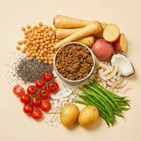 Assorted ingredients including beans, vegetables, and a bowl of wet food on a beige background