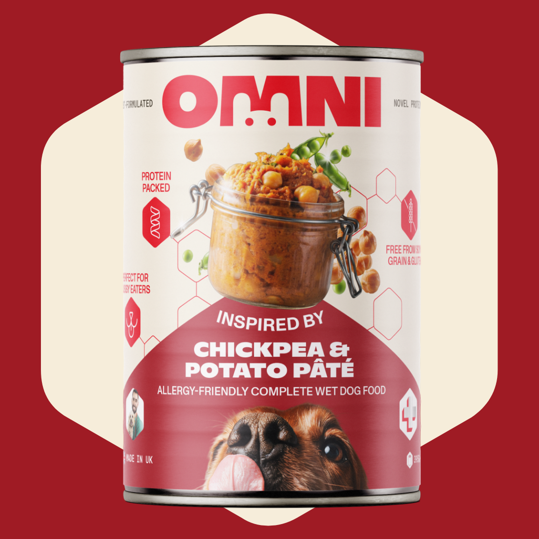 Can of Omni dog food with chickpea and potato páté on a red background