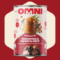 Can of Omni dog food with chickpea and potato páté on a red background