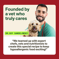 Man in green shirt holding a dog with text about a vet teaming up with chefs, vets, and nutritionists.