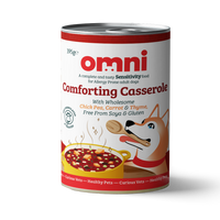 Can of Omni Comforting Casserole dog food on a white background