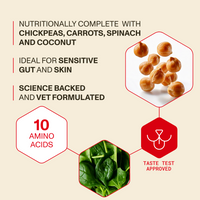 Product label with chickpeas, carrots, spinach, and coconut on a beige background