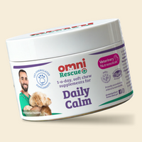 Container of Omni Rescue Daily Calm supplements for dogs on a beige background