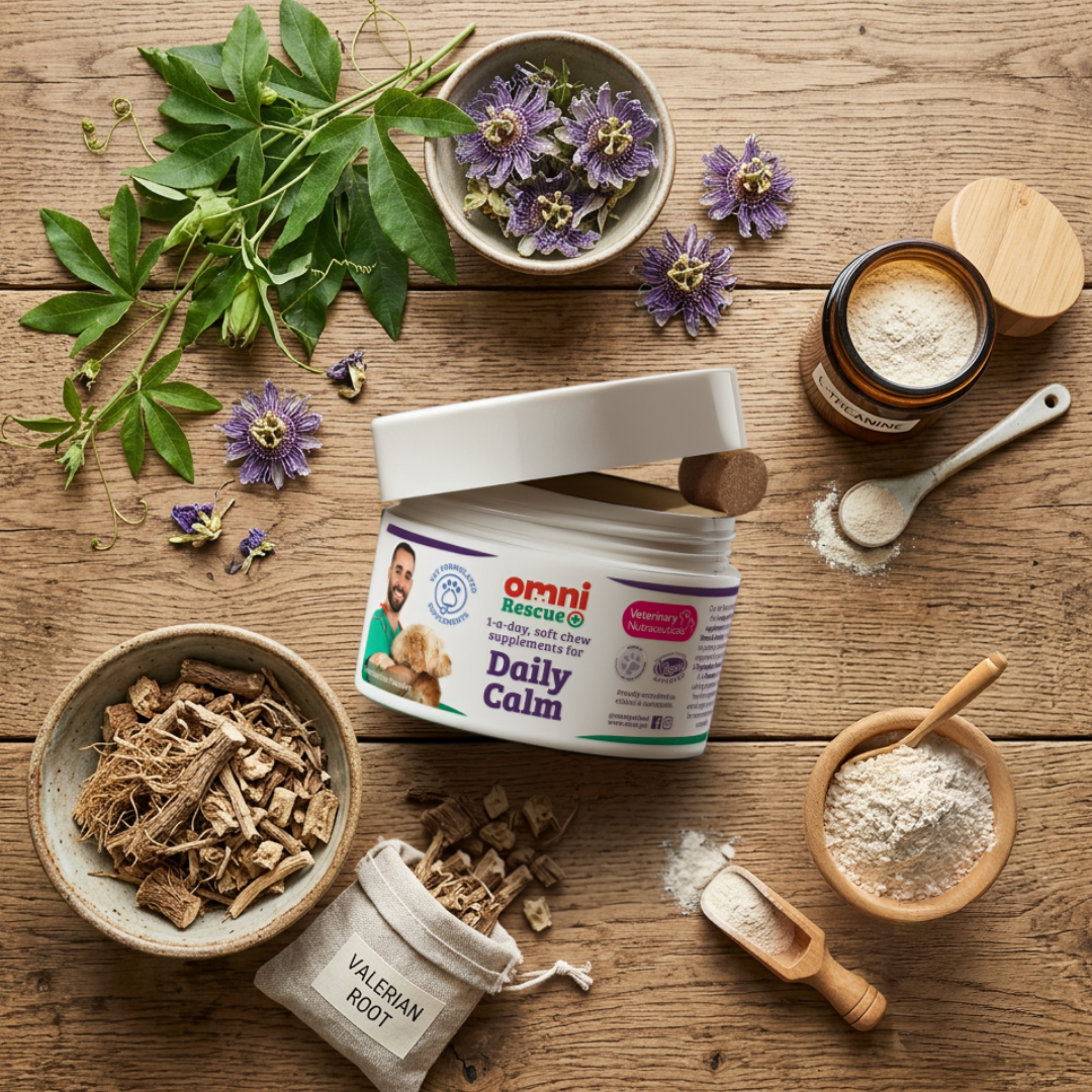 Omni Rescue Daily Calm supplement container on a wooden surface with natural ingredients