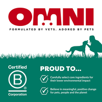 A branded graphic for OMNI pet food featuring a large red OMNI logo at the top, black supporting text, a dark green silhouette of a person crouching with a dog on grass, and a dark green lower section with a Certified B Corporation seal and the text 'PROUD TO.