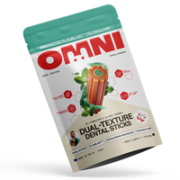 A stand-up pouch of Omni Dual-Texture Dental Sticks, featuring a teal top, red OMI logo, and an illustration of dental sticks with mint leaves on a white and beige lower section.