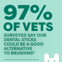 A teal and mint green promotional graphic with large text reading '97% OF VETS' and smaller text below stating 'Surveyed say our dental sticks could be a good alternative to brushing*'. A small white rabbit head icon appears at the bottom right.