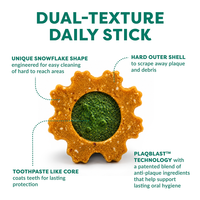 A dog dental chew shaped like a snowflake, labeled as a dual-texture daily stick. The outer edge is golden-brown with a textured, porous surface, and the center is a vibrant green.