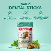 A package of OMNI Veterinary Dual-Texture Dental Sticks centered on a mint green background, with three text callouts above reading 'VET FORMULATED', 'ORAL PROTECTION', and 'SCIENCE BACKED INGREDIENTS'. Mint leaves and several dental sticks are arranged around the package.