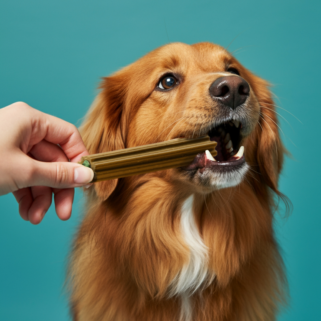 Dog biting a chew toy held by a person against a teal background