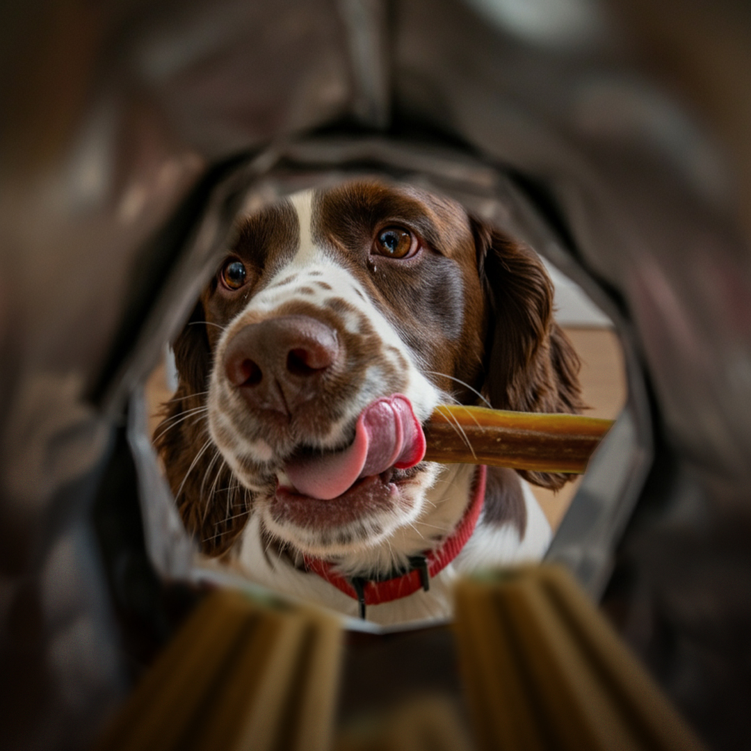 Dog with a red collar holding a bone, looking through a wooden frame.