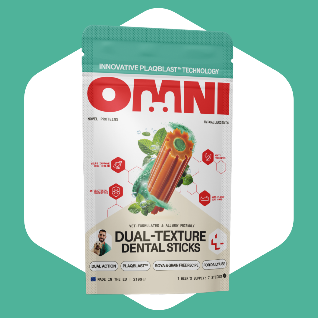 Packaging of Omni Dual-Texture Dental Sticks on a green background