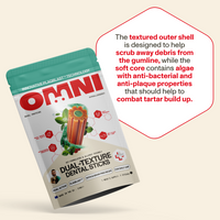 Packaging of Omni Dual-Texture Dental Sticks with text on a beige background