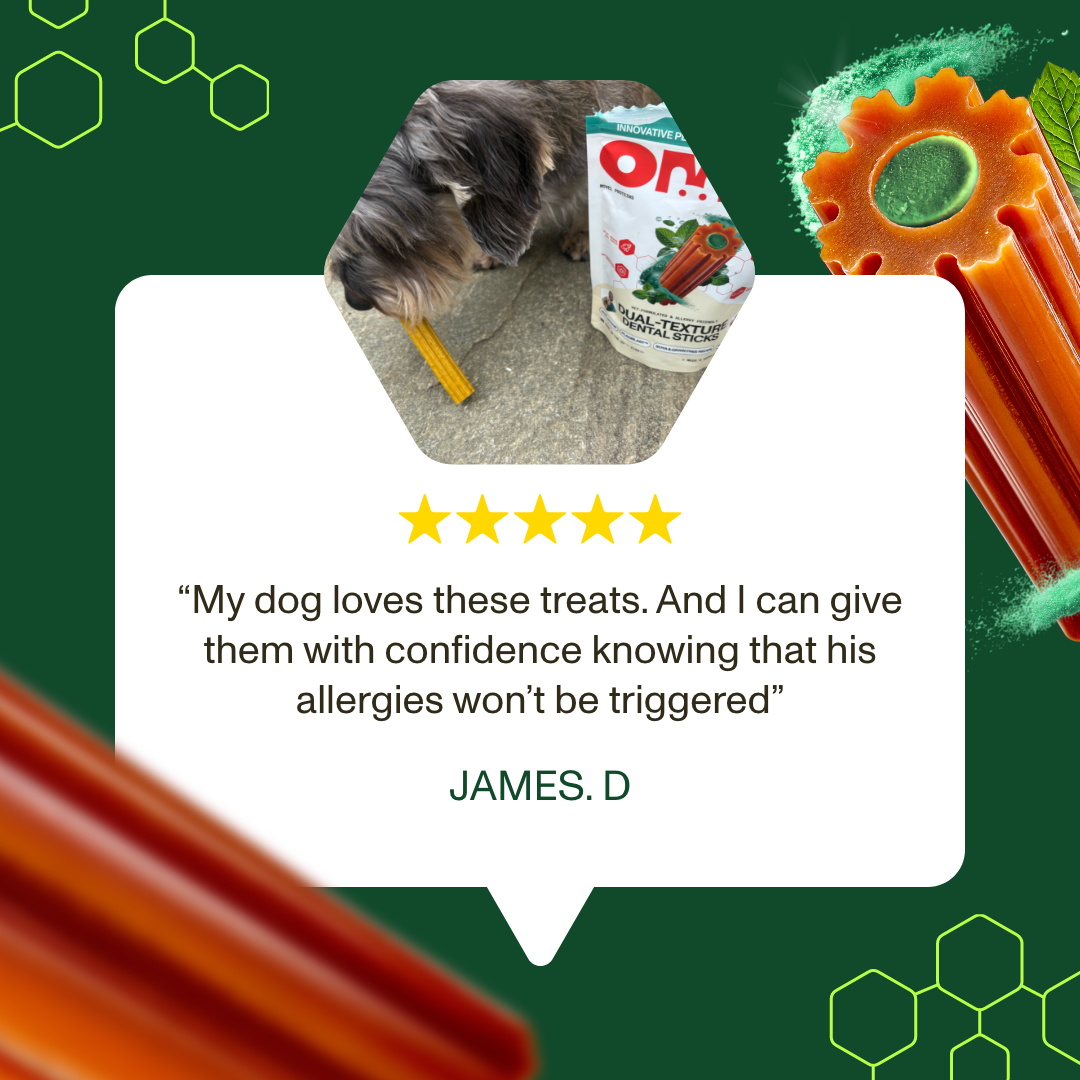Dog treats with a five-star review from James D on a green background