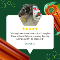 Dog treats with a five-star review from James D on a green background