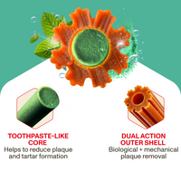 Teeth cleaning product with toothpaste-like core and dual action outer shell on a green background