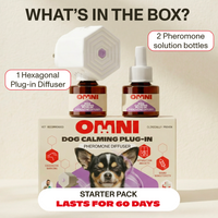Omni dog calming product starter pack with diffuser and bottles on a beige background