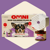 OMNI Dog Calming Plug-In Pheromone Diffuser with packaging on a purple background