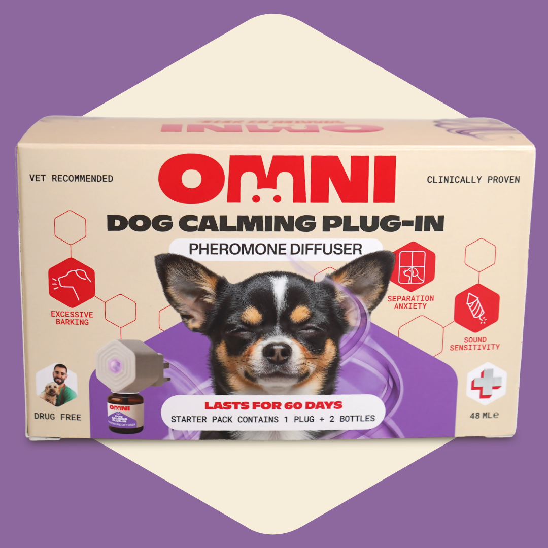 Omni Dog Calming Plug-In packaging with a dog's face on a purple background