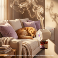 Dog lying on a couch next to an Omni diffuser with smoke effect