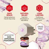 Omni dog appeasing pheromone diffuser with features on a beige background