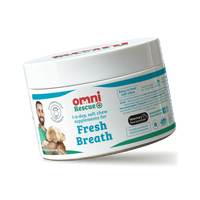 Container of Omni Rescue fresh breath supplements for dogs on a white background