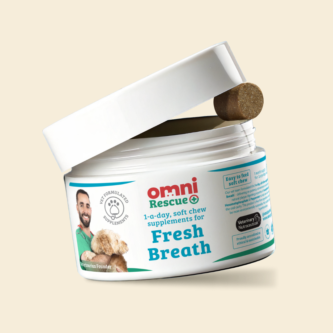 Open jar of Omni Rescue Fresh Breath supplements with a supplement visible on a beige background