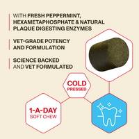 Product packaging with text about fresh peppermint, hexametaphosphate, natural plaque digesting enzymes, vet-grade potency, cold pressed, 1-a-day soft chew, and science-backed formulation.