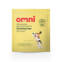 Yellow package of omni vet-formulated plant-based treats for growing pups on a white background