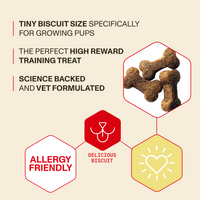 Dog treats with text highlighting features on a beige background