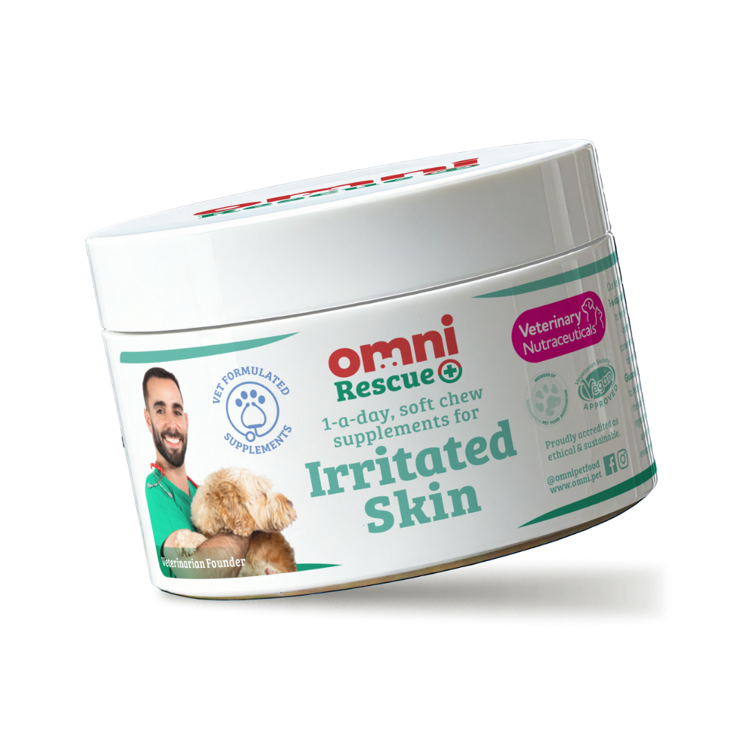 Container of Omni Rescue supplements for irritated skin on a white background