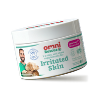Container of Omni Rescue supplements for irritated skin on a white background