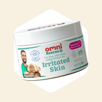 Container of Omni Rescue supplements for irritated skin on a beige background