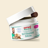 Container of Omni Rescue Irritated Skin supplements with a white background