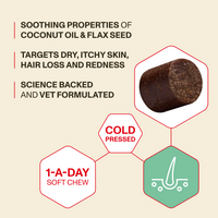Product packaging with text about coconut oil, flax seed, and soothing properties on a beige background.